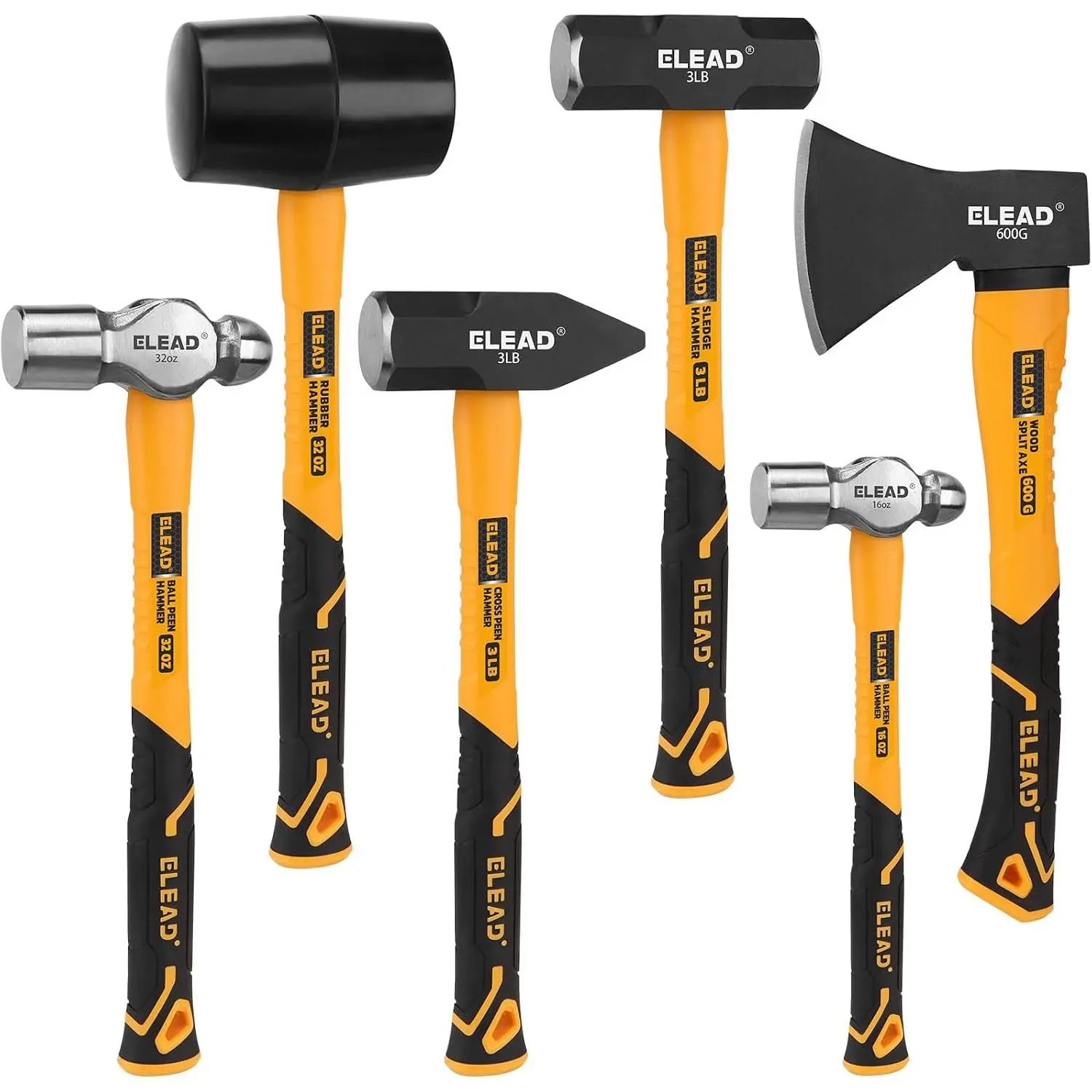Fiberglass Handle Hammers & Mallet Tool Set - 32oz Mallet, 16oz Ball Peen, 3LB Sledge, 600g Wood Splitting Tool (with Ounce Measurement Markings)