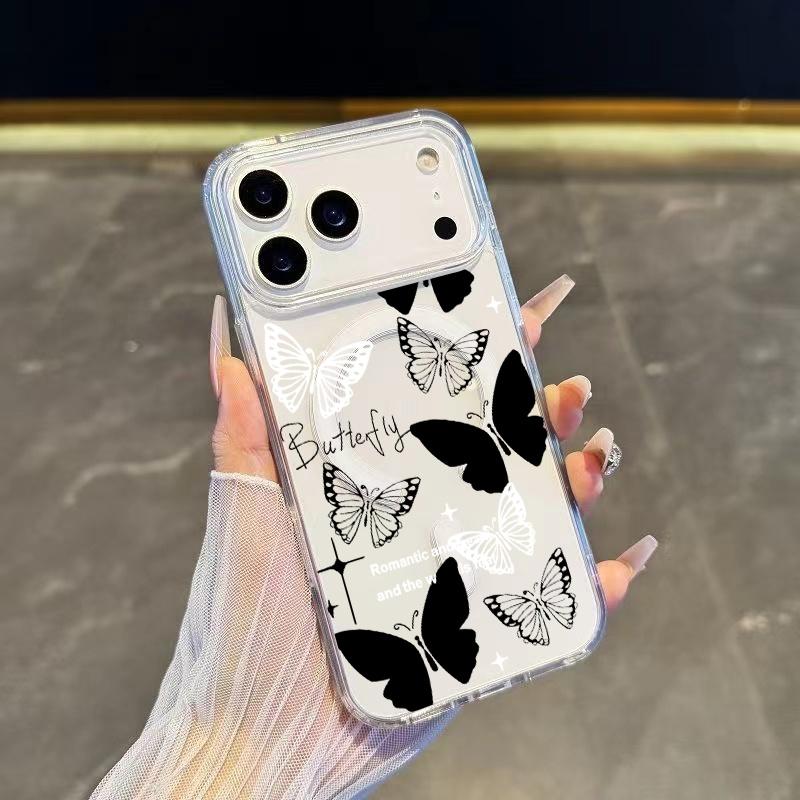 Black and white butterfly Magsafe Phone Case Shockproof Compatible for iPhone 17 Pro Max Air 16 16e 15 14 Plus 13 12 11 X XS Magnetic Hard Acrylic Back Soft TPU Edge Shock-resistant Cover Gift 2D printing