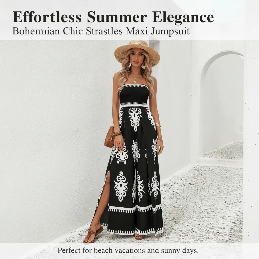 Women Strapless Smocked Bodice Bohemian Print Split Wide Leg Maxi Jumpsuit Summer Beach Vacation Casual Tube Top Long Romper
