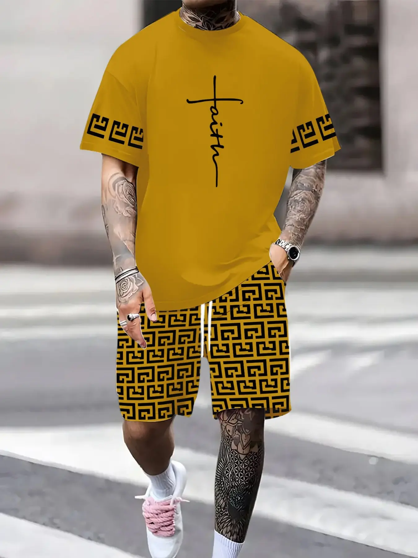Men's Fitness Workout Set, Turmeric Pattern Faith Letter Short Sleeve Shorts, Breathable Quick-Dry Training Two-Piece Set