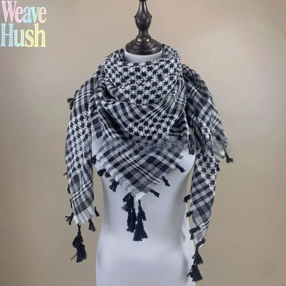 Arabian Square Scarf With All-Side Hanging Tassels, Houndstooth Color Contrast Jacquard Headscarf, Ethnic Style Versatile Wrap Accessory For Daily Styling & Outdoor Travel