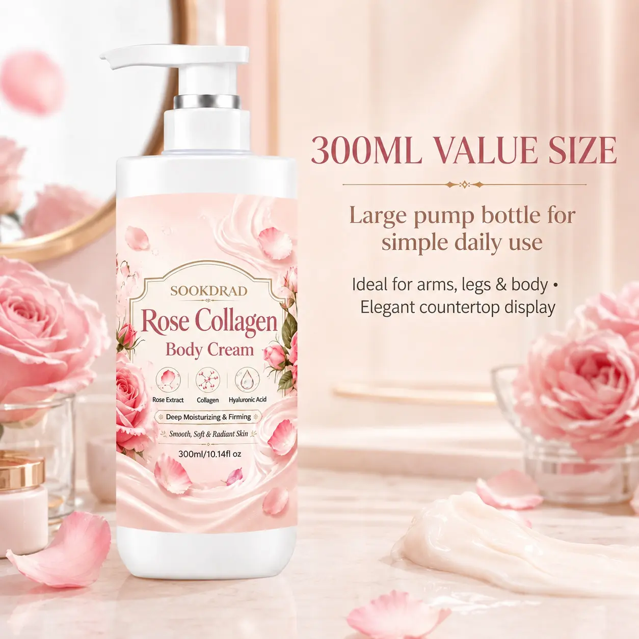 Rose Collagen Body Cream, Rose Extract, Collagen, Hyaluronic Acid, deep moisturizing, firming, smooth skin, soft skin, radiant skin, body care, suitable for all skin types, 300ml/10.14fl oz