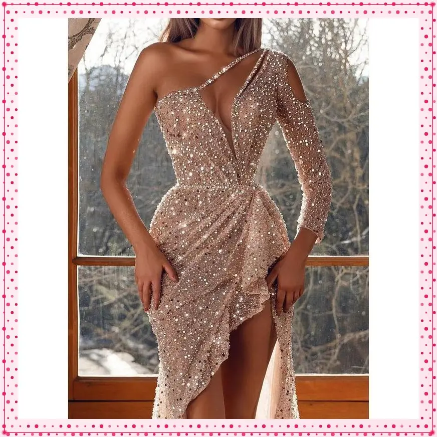 New one-shoulder sequined party dress High slit maxi sequined evening gown for women VestidosCasual Womenswear formal dresses women red wedding guest dress Workwear Comfort Festival Basic
