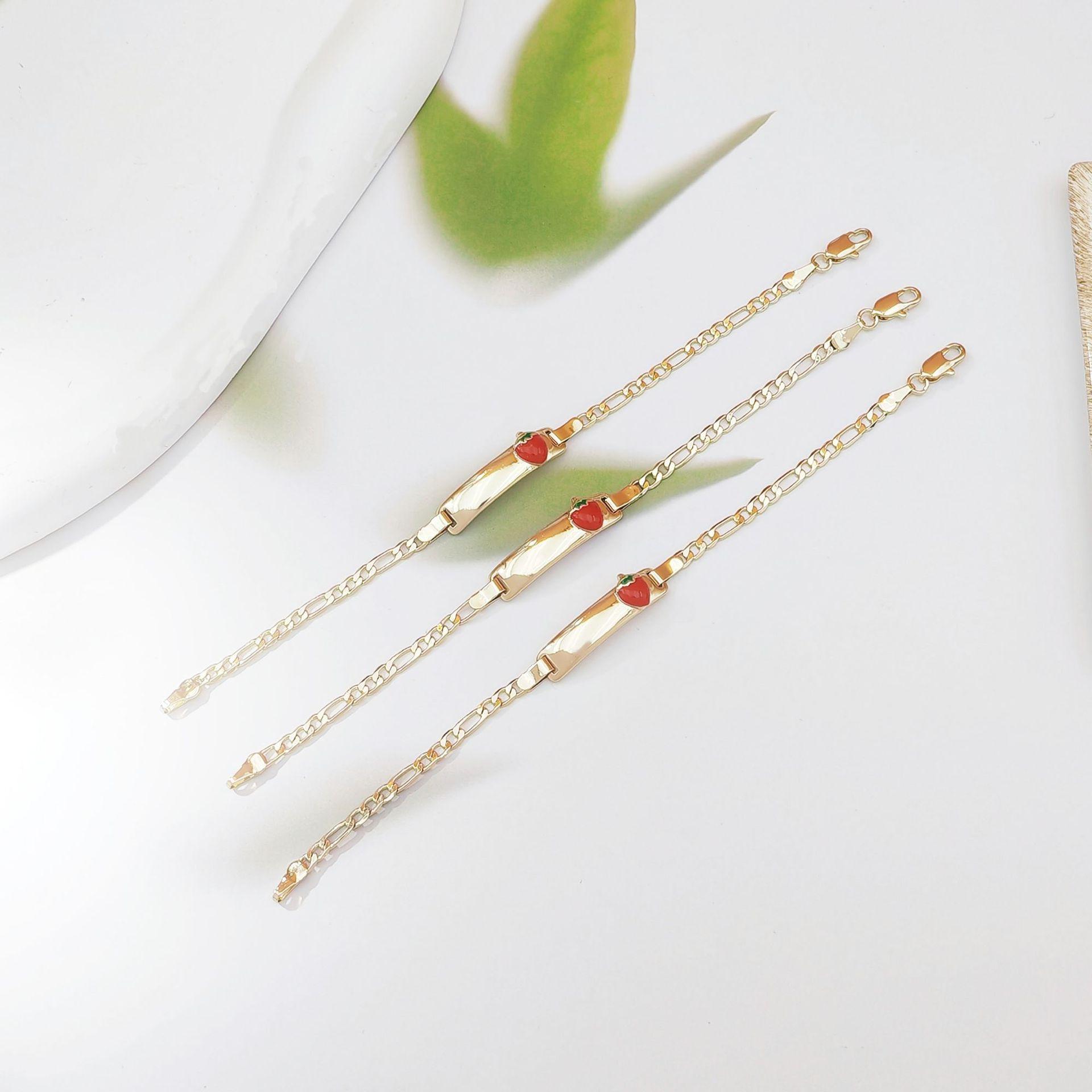 18K Gold Plated Brass Square Tag Bracelet for Women Cute Cartoon Strawberry Enamel Charm Dainty Luxury Jewelry Trendy High-End Aesthetic Accessory for Daily Wear & Gift Giving