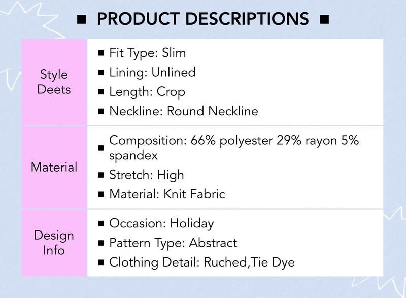 Cider [4 colors, size 2-26] Round Neck Tie Dye Ruched Long Sleeve Crop Top