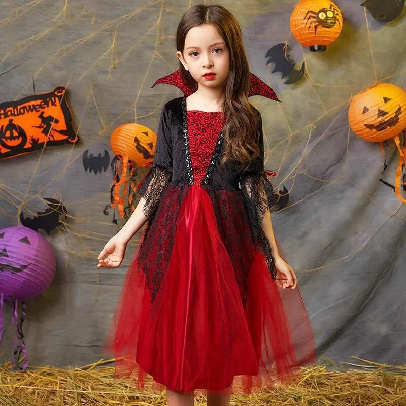 Halloween Costume, Girls' Vampire Princess Dress, Gothic Black Red Lace Ballet Tutu, Halloween Role-Play Outfit, Vampire Party Princess Dress, Gothic Style Girls' Vampire Princess Dress