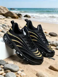 Men's Wave Edge Bubble Cushion Sneakers, PU Leather, Sporty Style, All Seasons, Thick Sole, Campus, Fitness, Outdoor Commute