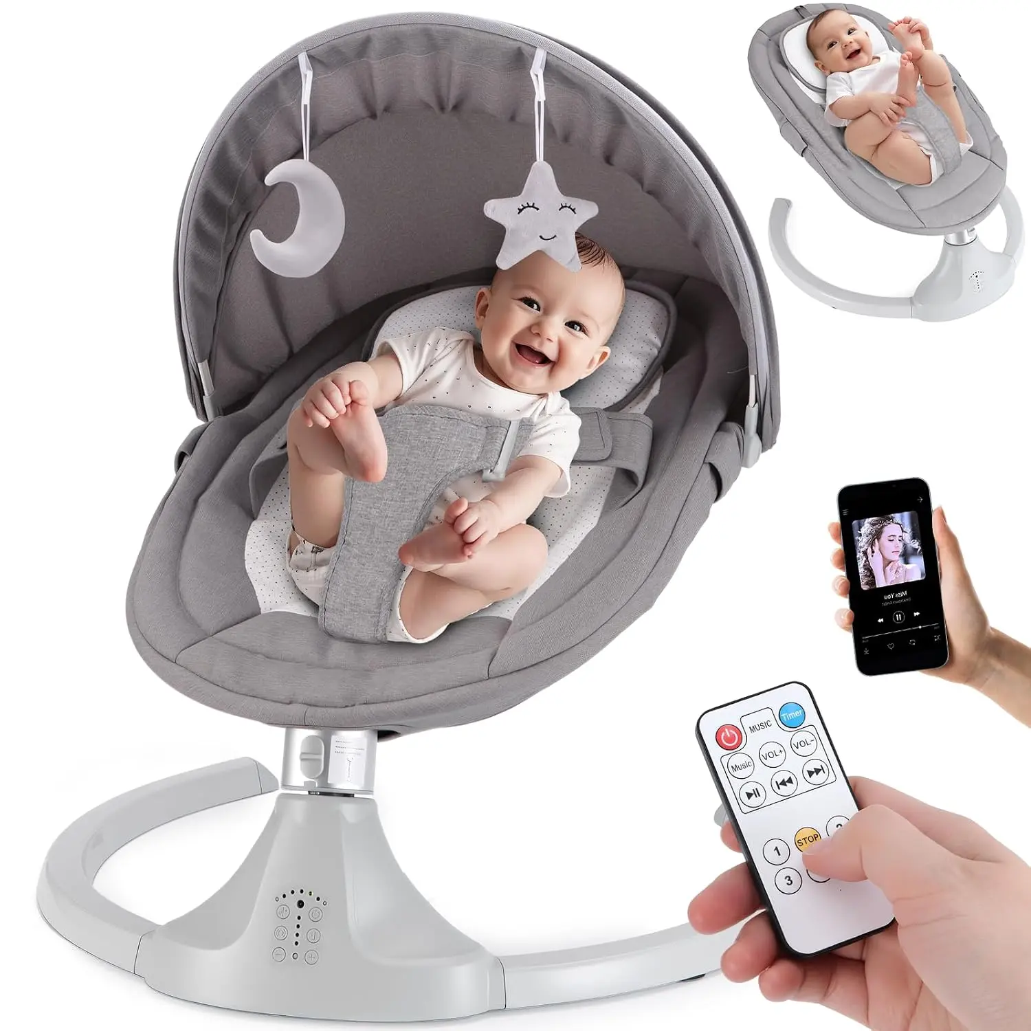 Certified Electric Baby Swing for Newborns 0-6 Months, Portable Rocker with Bluetooth, Remote Control, 5 Speeds, 12 Soothing Lullabies, 3-Point Widened Harness