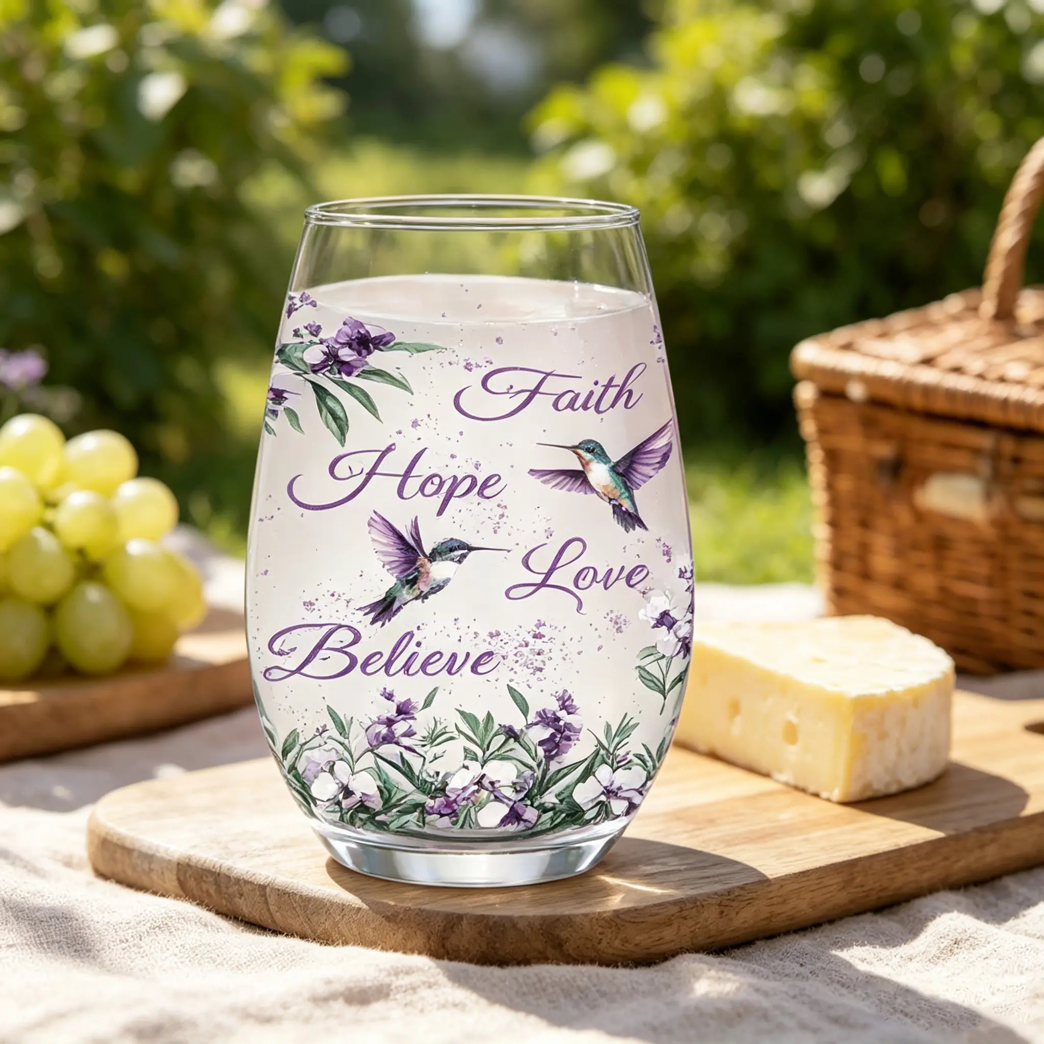 1pc/12oz/350ml/Stemless Wine Glasses,Champagne And Whisky Glass,Party Cups For Indoor Outdoor Perfect For Home Office Bar Weddings And Toasts,Purple Floral Hummingbird Faith Hope Love Believe Festive Gift,Warm Gifts For Friends,Summer Party Gifts