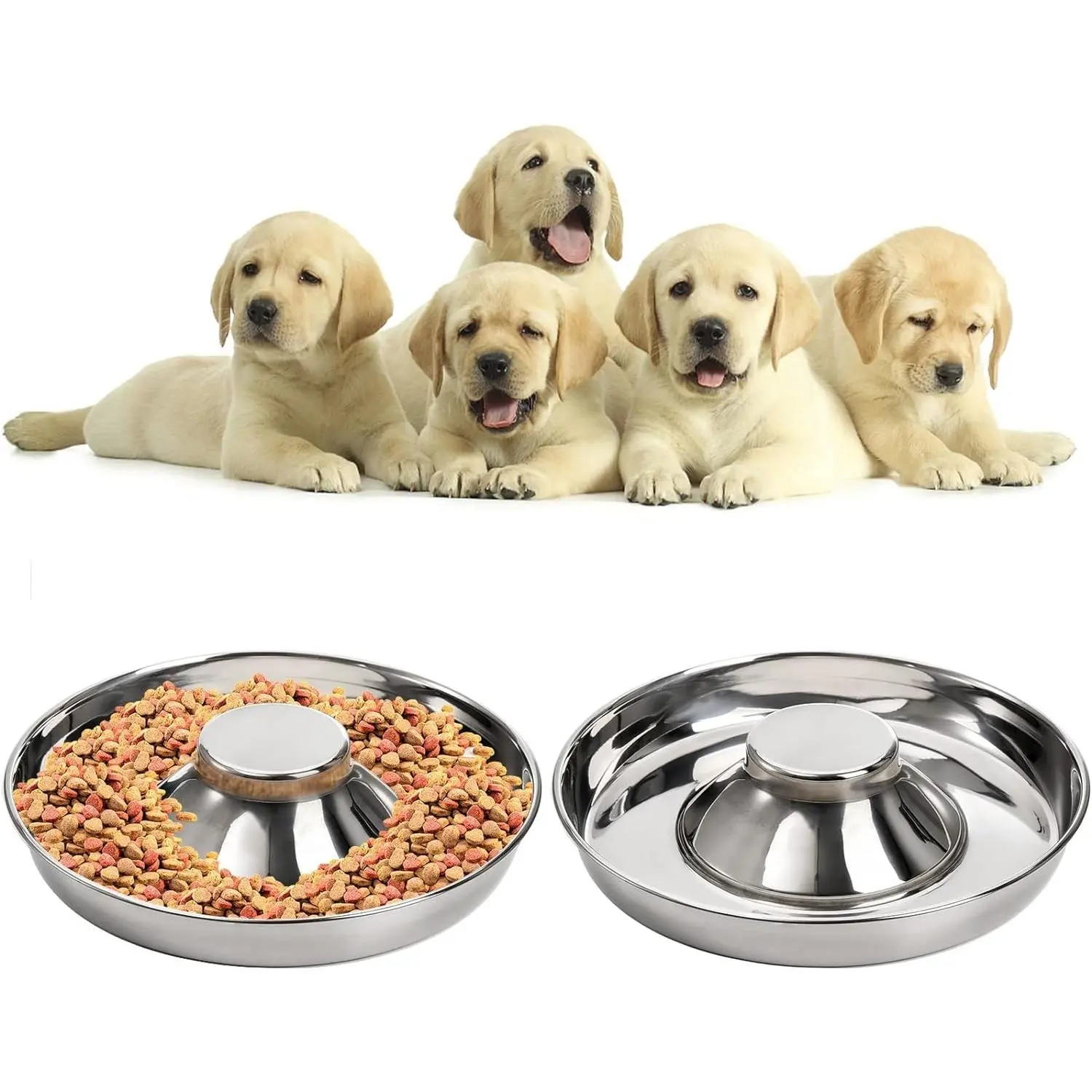 2 Pack Stainless Steel Puppy Bowls, Pet Slow Feeder Bowls, Non-Skid Dog Food and Water Bowl, Feeding Weaning for Small Medium Large Dogs, Cat, Pets, Multiple Puppies