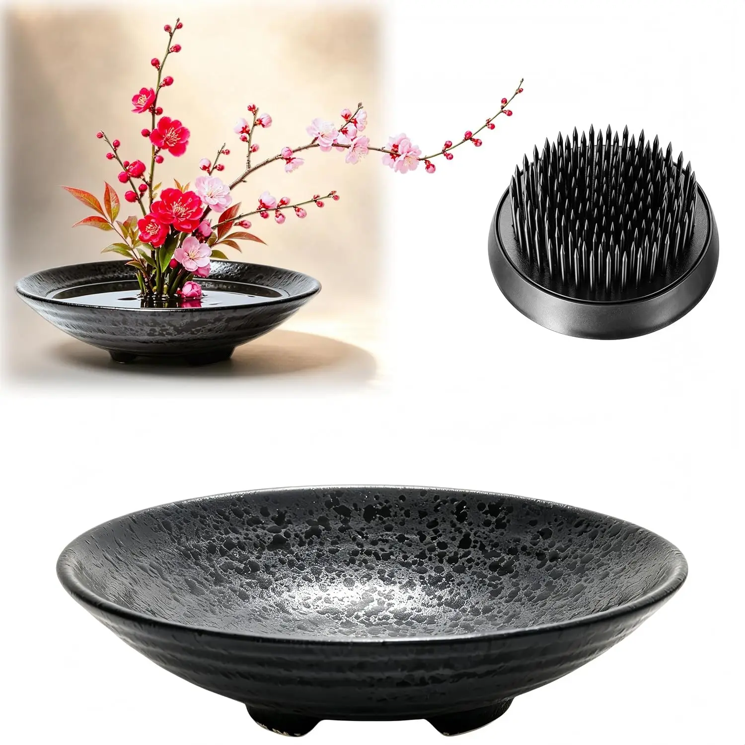 6.7inch Japanese Ikebana Vase Kit Floral Frog Bowl Flower Container with 1.57inch Black Flower Frog Kenzan for Home Floral Arrangement Decor