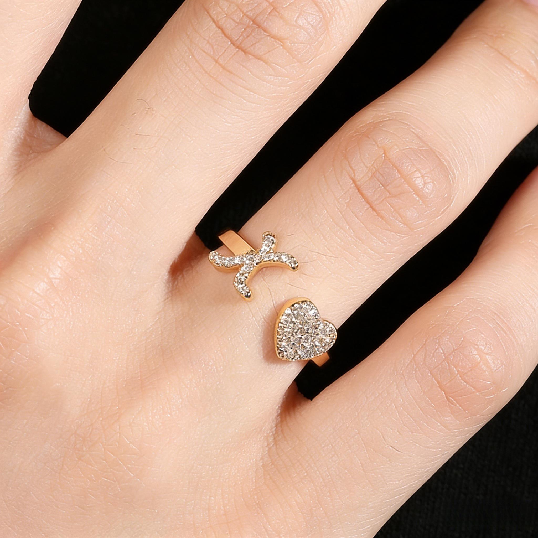 14K Gold Plated Copper Initial Heart Ring for Women, CZ Zirconia Adjustable Open Ring