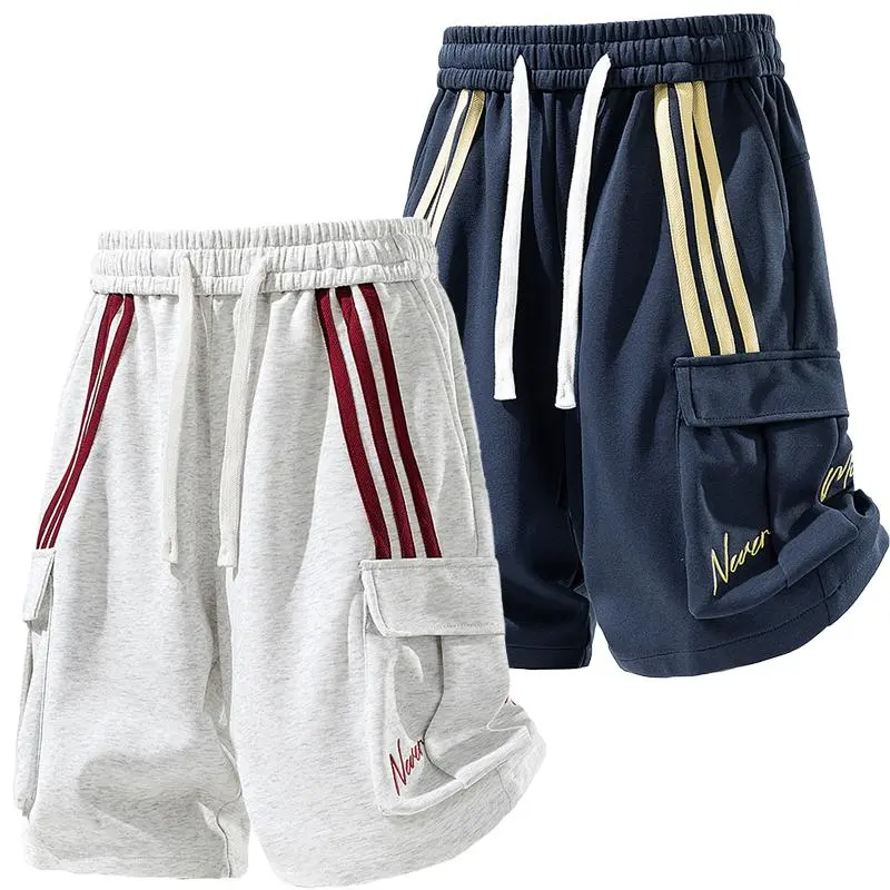 Men's Sportswear Cargo Shorts, Loose Fit Cotton Activewear with Contrast Stripe, Mid Waist with Drawstring for Outdoor Wear