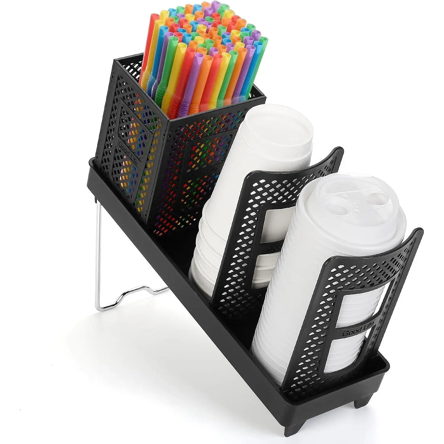 Coffee Cup Dispenser with Straws Holder, Plastic Coffee Cup and Lid Holder, 5-20oz Disposable Paper Cups Organizer for Countertop, Station, Bar, Office, Restaurant, Breakroom(3 Compartments)