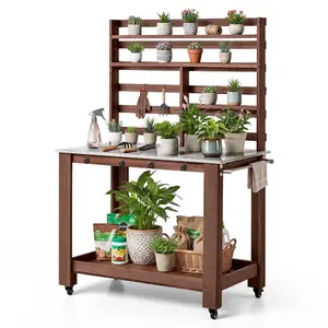 VEVOR Potting Bench Table, Outdoor Gardening Workstation with 45x 26 in Stainless Steel Tabletop, Storage Shelves, 4 Casters, Hooks, Garden Planting Work Station for Outside Patio, Backyard, Brown