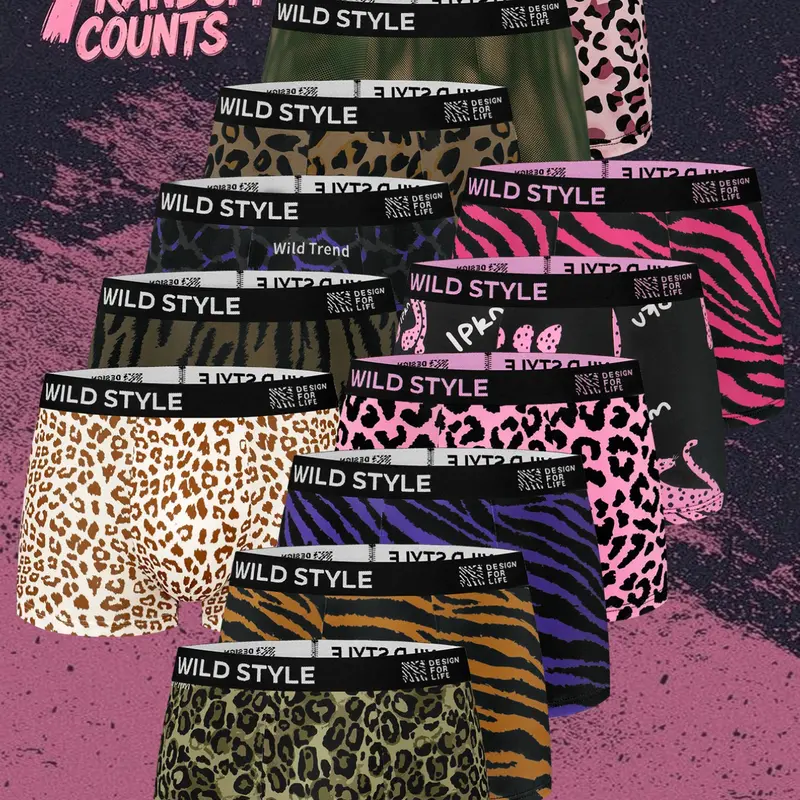 7 Pcs Random Men's Leopard, Zebra & Camo Print Boxer Briefs, Stretchy Casual Underwear, Soft and Comfortable, Mix and Match Trendy Styles, Suitable for Daily Home Leisure, Breathable Elastic Fabric, Four Season Outfit Matching, Printed Boxer Briefs
