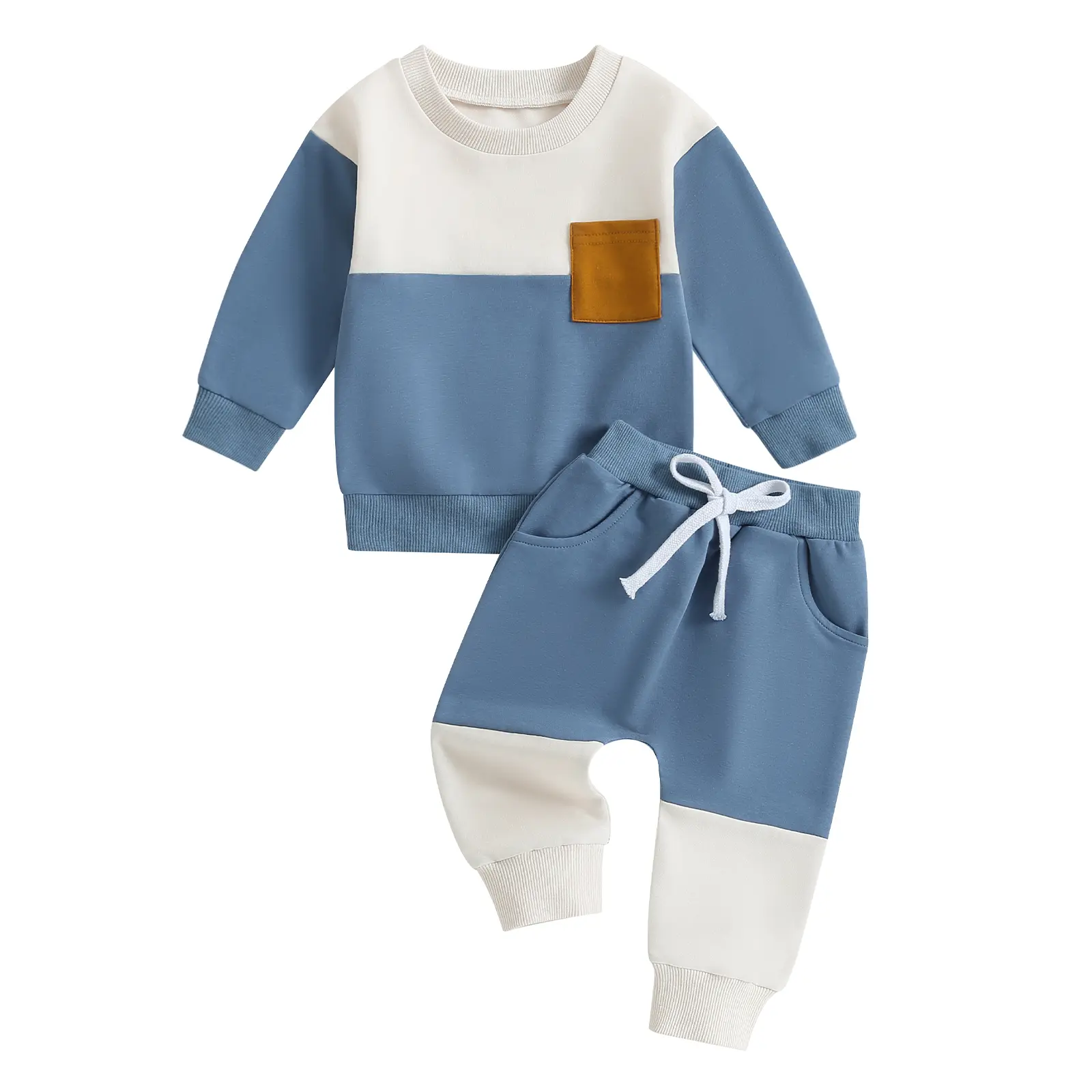 Baby Boys Pants Set, Contrast Color Long Sleeve Crew Neck Sweatshirt with Elastic Waist Sweatpants Infant Clothes