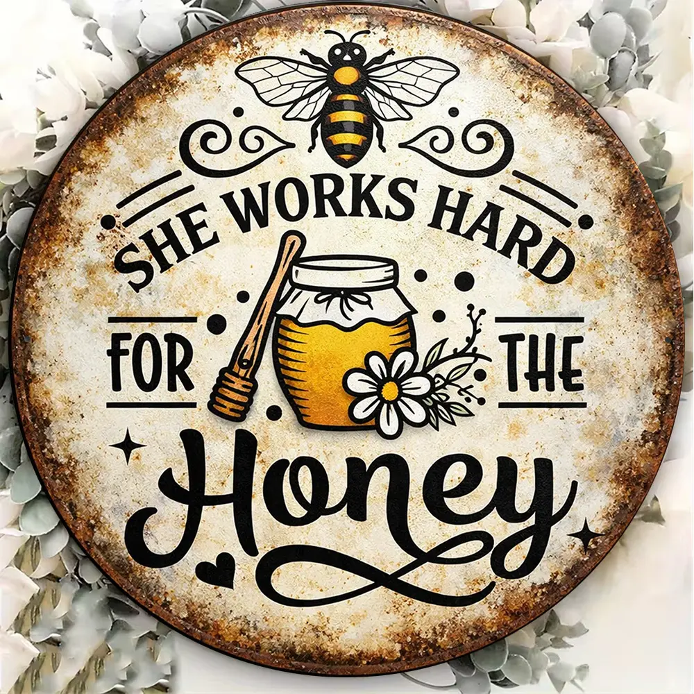 2D Flat, 1pc 8x8in/20x20cm 2D Flat Round Sign, "She Works Hard for the Honey" Vintage Plaque, Bee Honey Jar Inspirational Quote Farm-Themed Fun Art Decor Sign, Suitable for Decorating Home, Kitchen, Dining Room, Cafe, Bar, Courtyard, Office