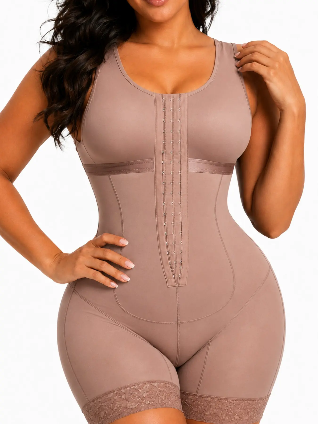 1 Count Snatched Black U-Neck Shapewear Bodysuit Fajas Colombian Shapewear, Women's Firm Tummy Control Butt Lifter Body Shaper Jumpsuit with Front Adjustable Hooks & Mid-Thigh Lace Trim, Everyday Slimming Compression Body Shaperwear