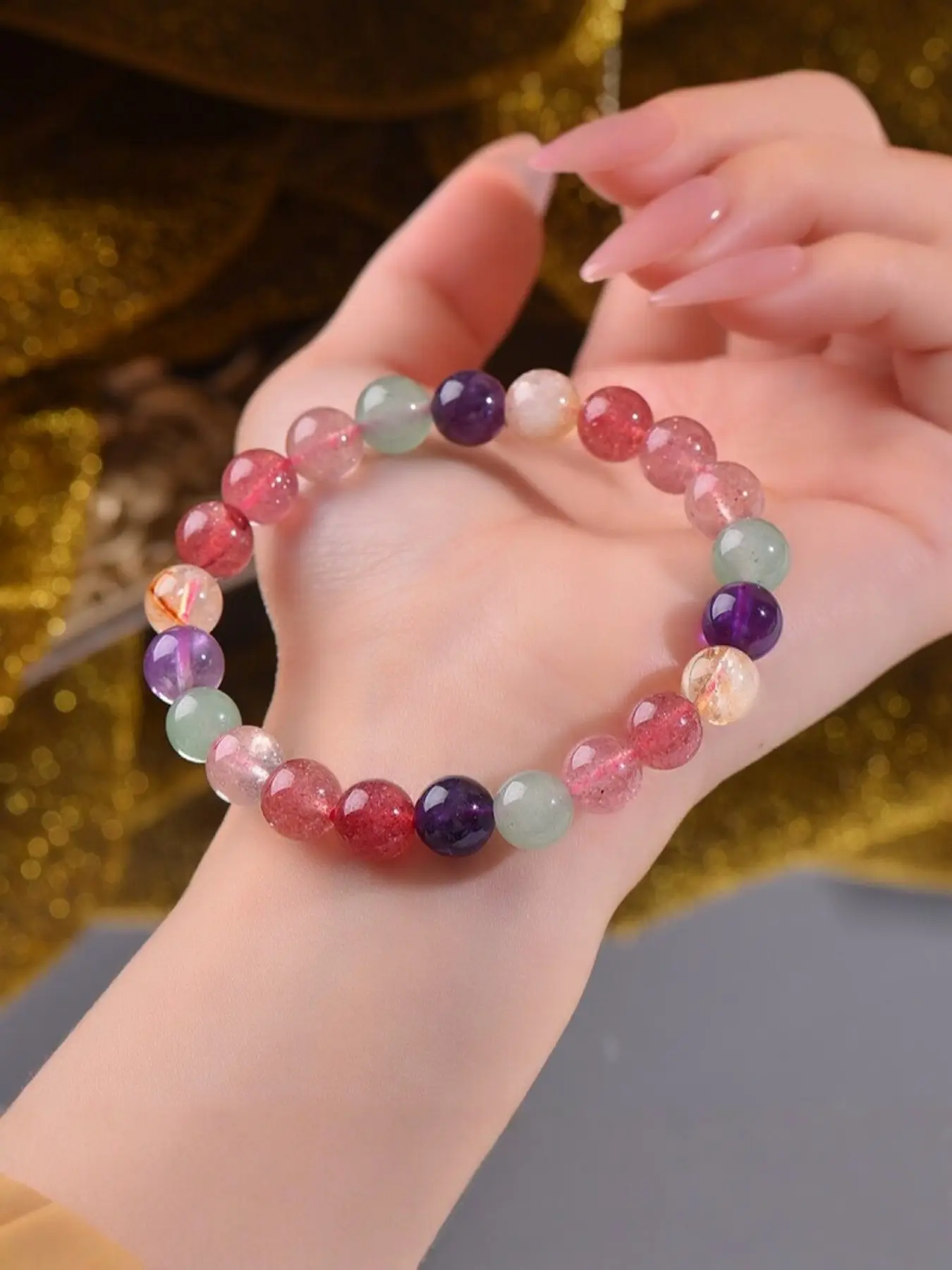 Natural Strawberry Quartz Bracelet, Fashionable Fluorite Bracelet, Crystal Strawberry Quartz Amethyst Bracelet, Stylish Jewelry