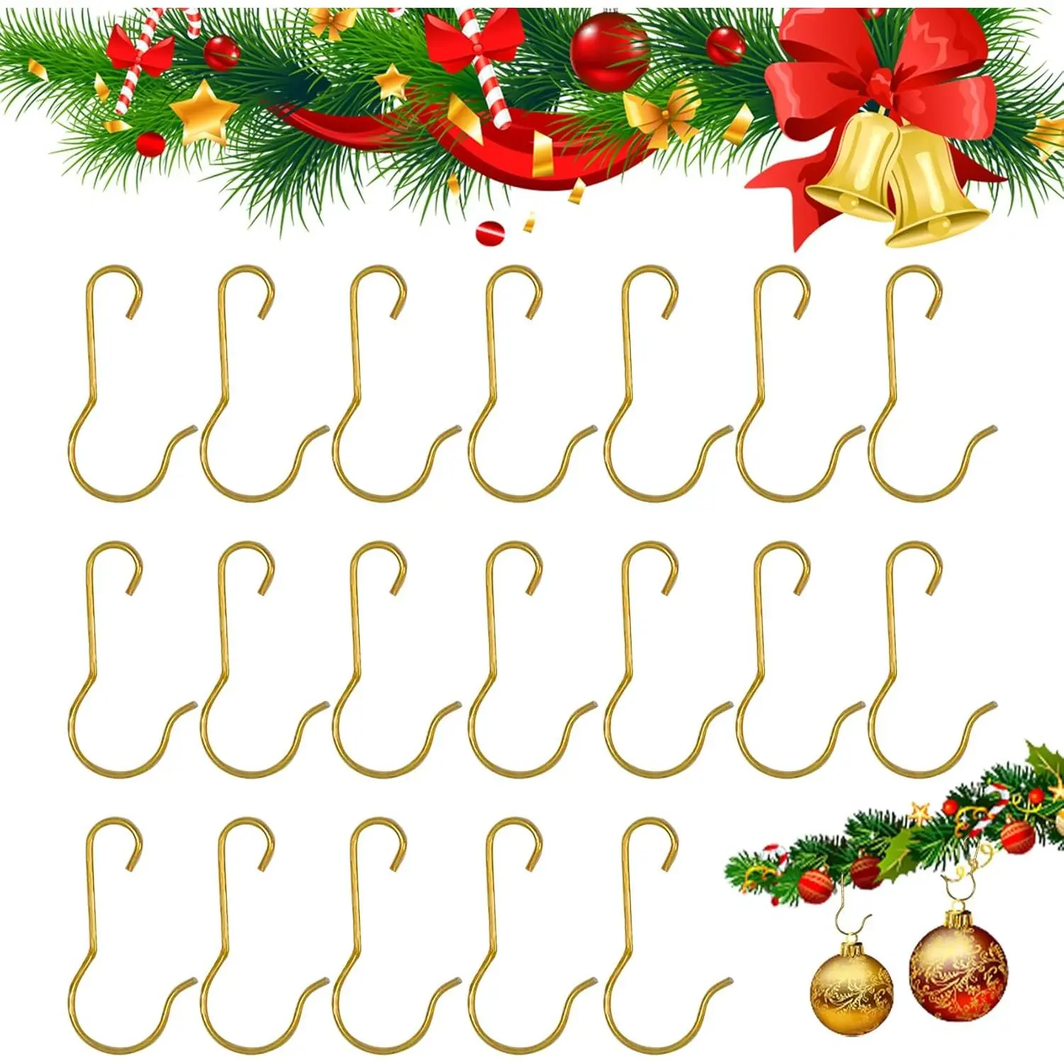 100 PCS Gold Christmas Ornament Hooks with 1 PCS Storage Box, Small Xmas Hanger Anchors for Xmas Tree Decorations