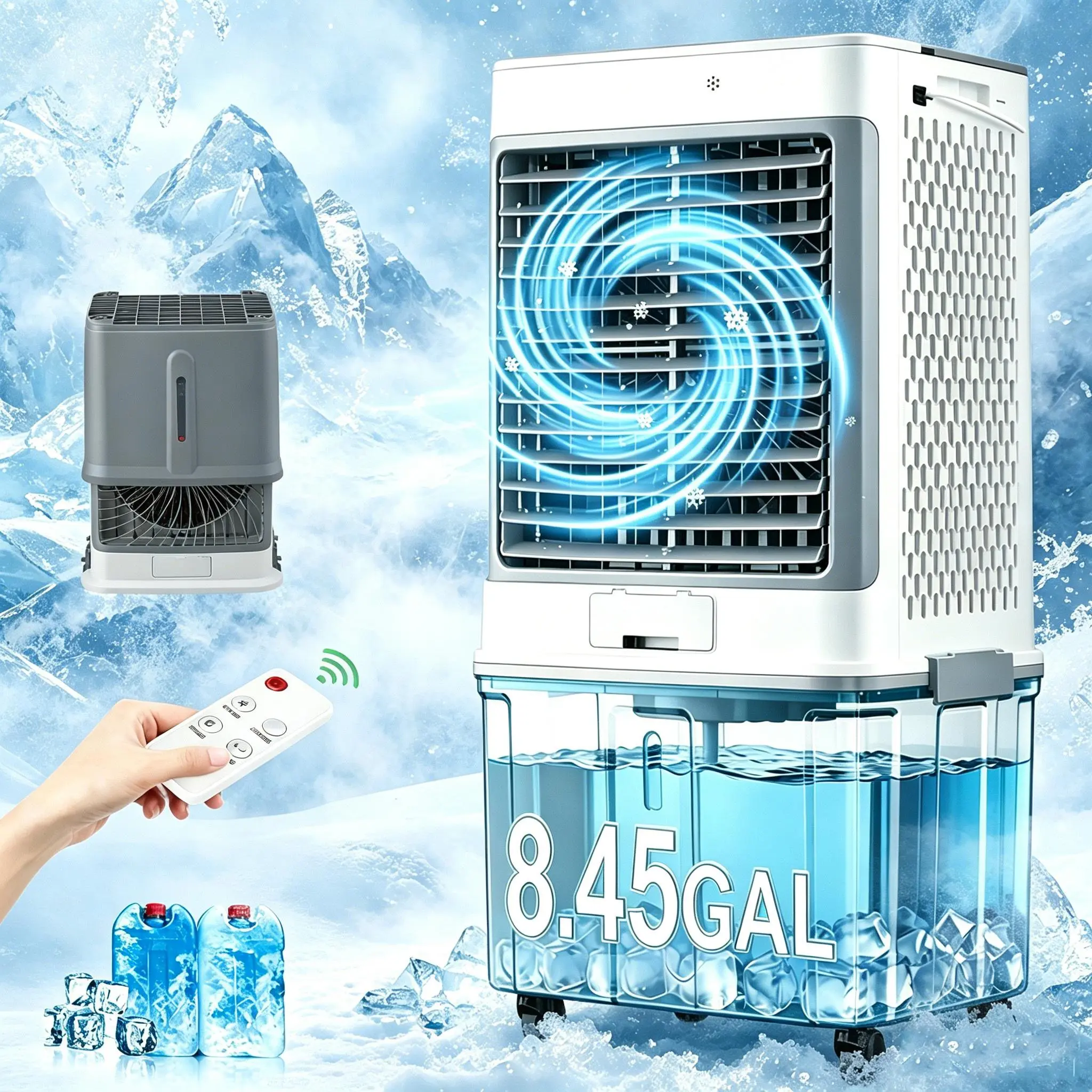 Portable Air Conditioner Fan with 8.45 Gal Tank, Portable Air Cooler, 3 Speeds, Comes with a remote for Bedroom Office Patio