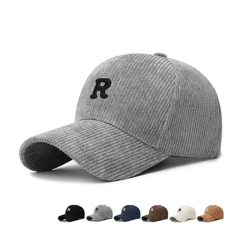 Corduroy Baseball Cap with 3D Embroidered 'R' Letter Solid Color Adjustable Structured Hat Stylish Fall and Winter Accessory