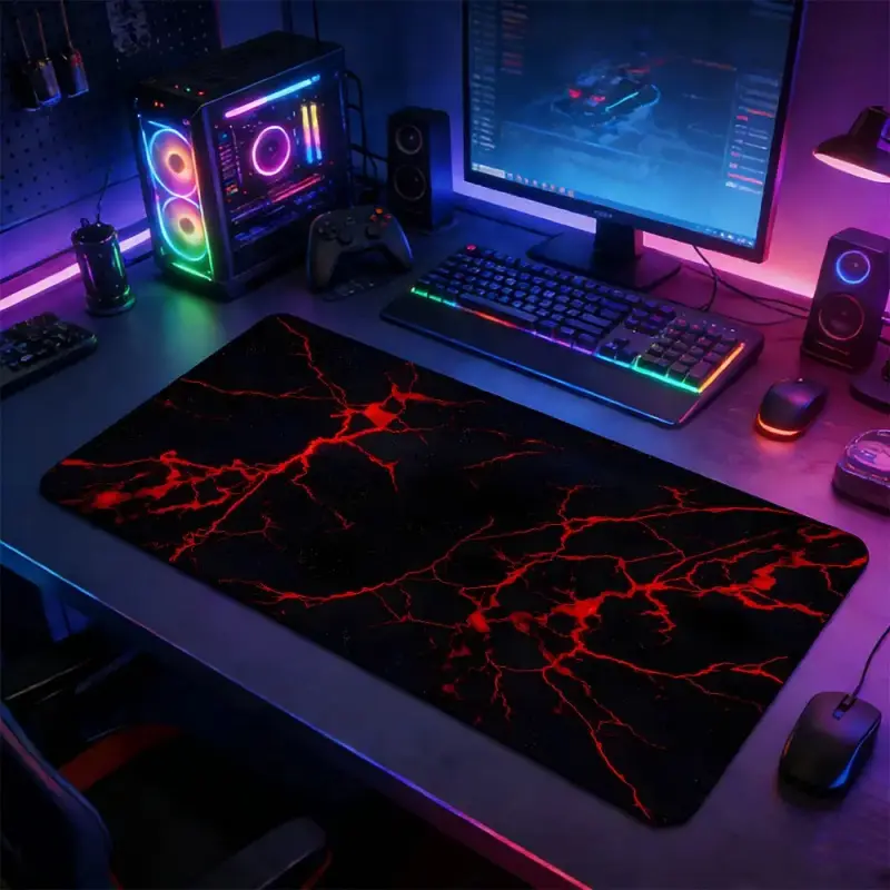 Red Black Lava Crack Large Gaming Mouse Pad, Gaming Desk Mat, Non-Slip Rubber Base Stitched Lock Edge Cyberpunk Gaming Design Desk Pad, Durable for Home Office & Gaming Setup, Gift for Gamer Family and Friends, Gaming Accessory, Gaming Mousepad