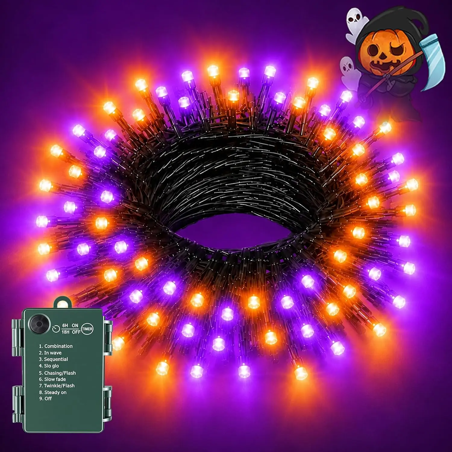 Orange  Halloween Lights String  for Halloween Decorations, Timer 8 Modes  Operated String Lights 50LED 17FT for Indoor and Outdoor