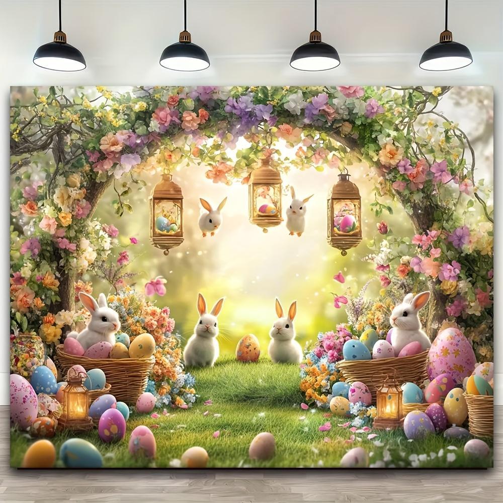 [Easter Spring Parties] 2D Flat - A 2D Flat Banner, One Piece of a Rustic Easter Arch Photo Backdrop Featuring Rabbits And Colorful Egg Baskets - a Vibrant Polyester Banner Suitable for Spring
