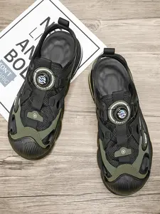 Men Khaki Breathable Mesh Closed Toe Sports Sandals, Quick Rotating Buckle Air Cushion Platform Sandals, Hollow Anti-Collision Toe Non-Slip Casual Outdoor Walking Shoes