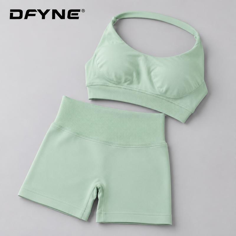 DFYNE Women’s Sleeveless Seamless Halter Sports Bra & Athletic Shorts 2-Piece Set, High-Stretch Quick-Dry Lightweight Padded Unisex Workout Gear for Yoga Gym Fitness