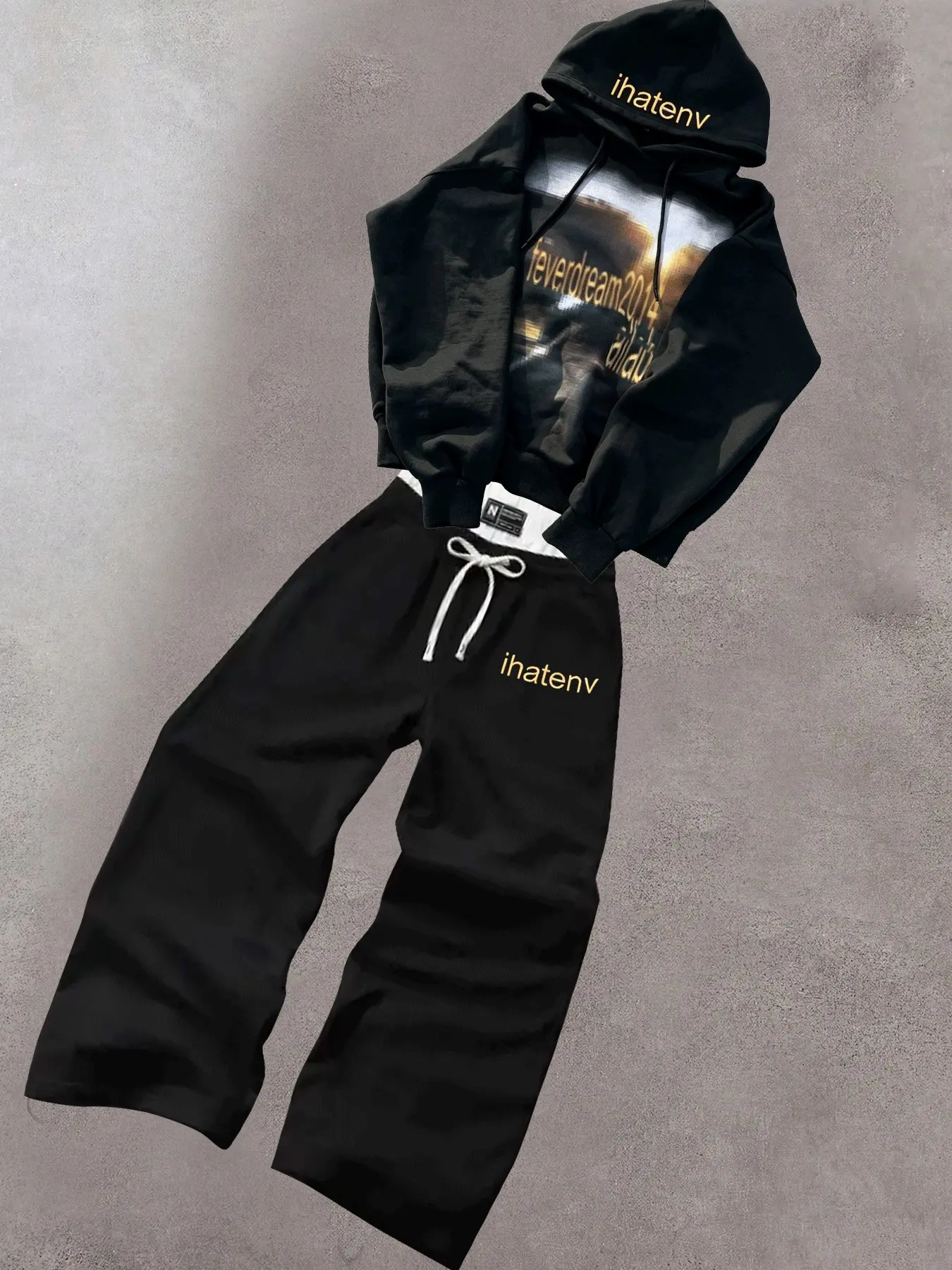 Men 2 Piece Matching Tracksuit, Black Cropped Hoodie with Gold Letter Embroidery & Blur Movie Poster Print + White Waistband White Drawstring Wide Leg Sweatpants Y2K Streetwear Sweatsuit Outfit