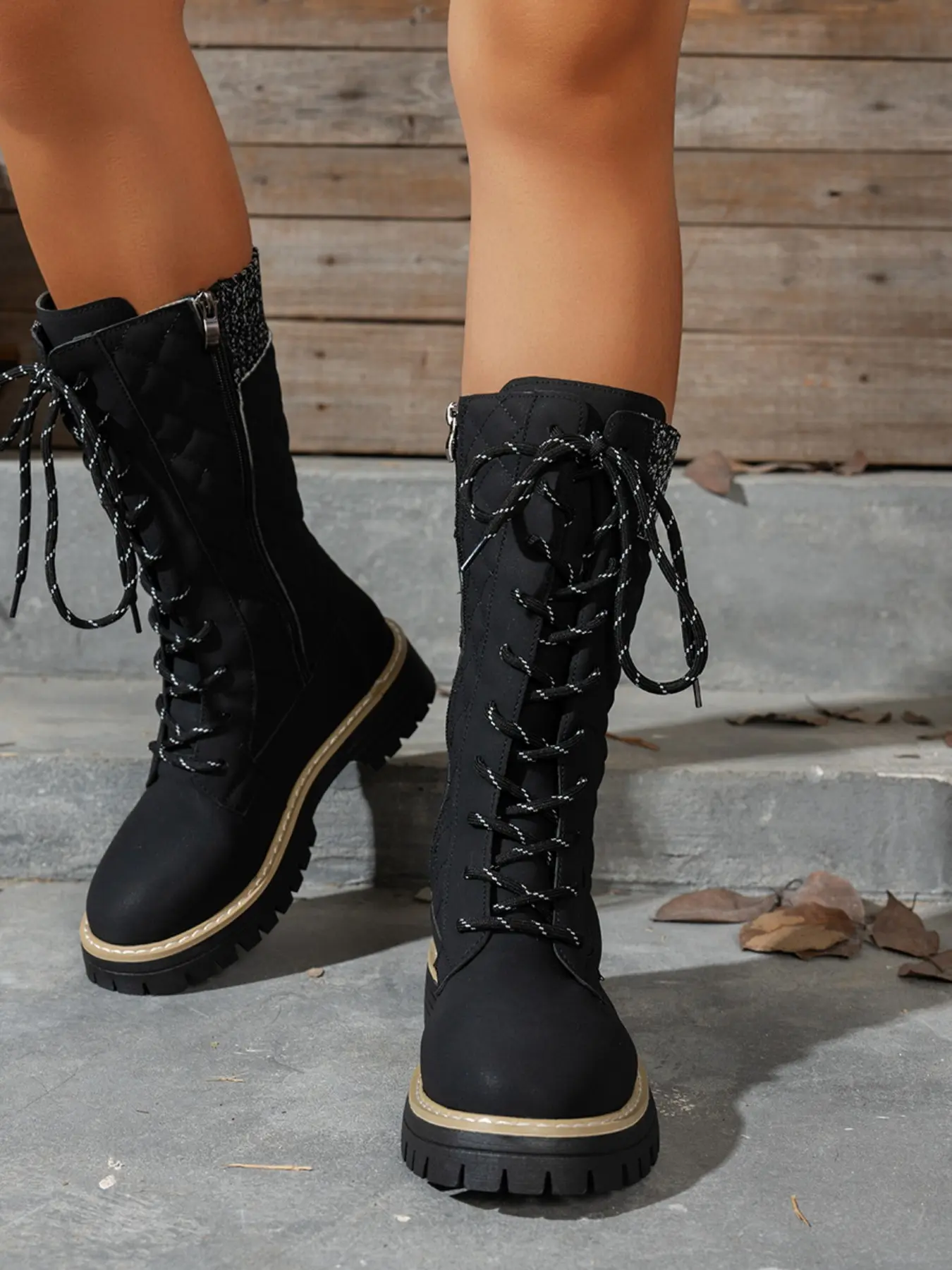 Women's Lace-Up Tall Boots, Thick Sole Anti-Slip Work Boots, Comfortable Fall & Winter Outdoor Warm Casual Fashion Shoes
