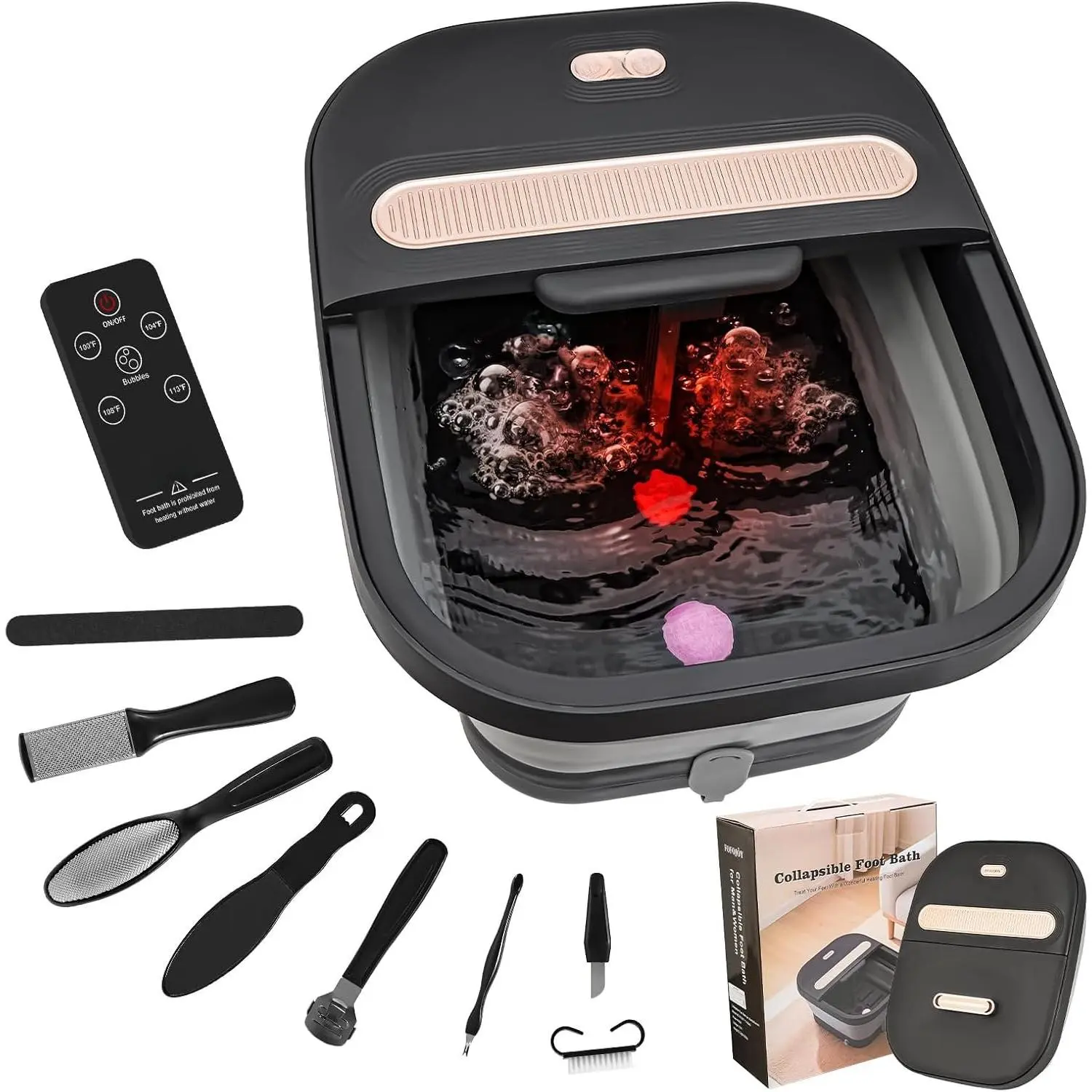 Collapsible Foot  Bath with  and Heat and Bubble Jets, Temperature Control, Remote Control, Pumice Stone, Pedicure Foot  for Relaxation  for Women Man