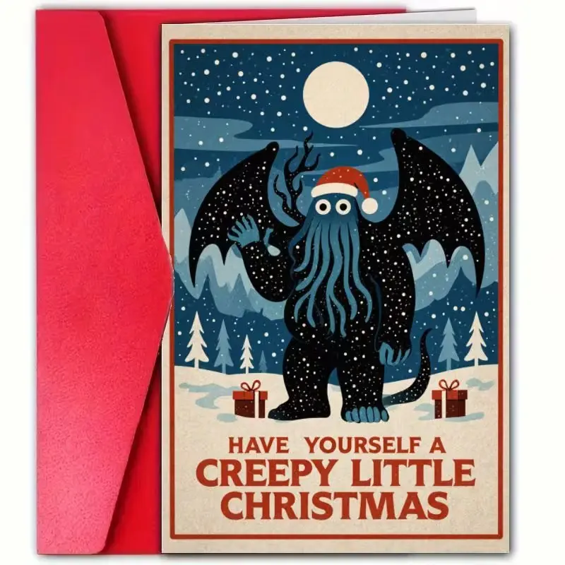 1pc Funny Horror Christmas Card, "Have Yourself A Creepy Little Christmas" Cthulhu Lovecraft Inspired Monster Design, Dark Humor Holiday Greeting Card for Horror Fans, Unique Christmas Gift Idea, Blank Inside with Envelope