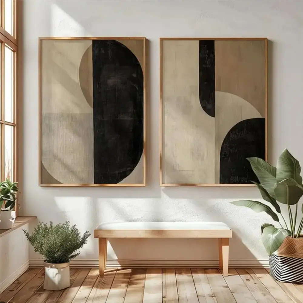 2 Pieces Minimalist Abstract Design Neutral Black Beige Simple Geometric Boho, Canvas Wall Mural, Artistic Simple Artist Home Art, Eclectic Gallery Decor, Earth Tone Painting, Wall Decoration for Living Room and Bedroom, Framed or Unframed.