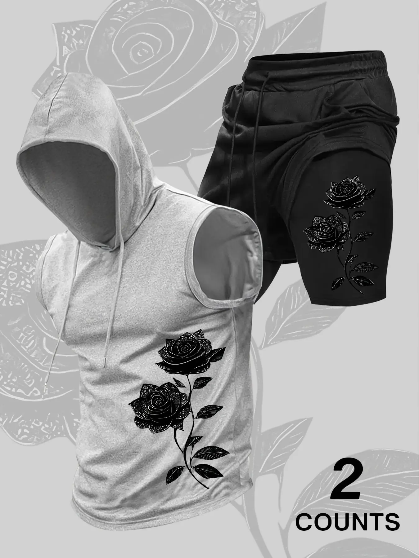 Men 2 Piece Outfit Sleeveless Hooded Tank Top & Drawstring Shorts Set, Casual Sportswear Set Vintage Black Rose Floral Print Casual Gym Workout Streetwear Tracksuit #MenTracksuit #RosePrintSet #GymOutfit #StreetwearSet #TikTokMadeMeBuyIt