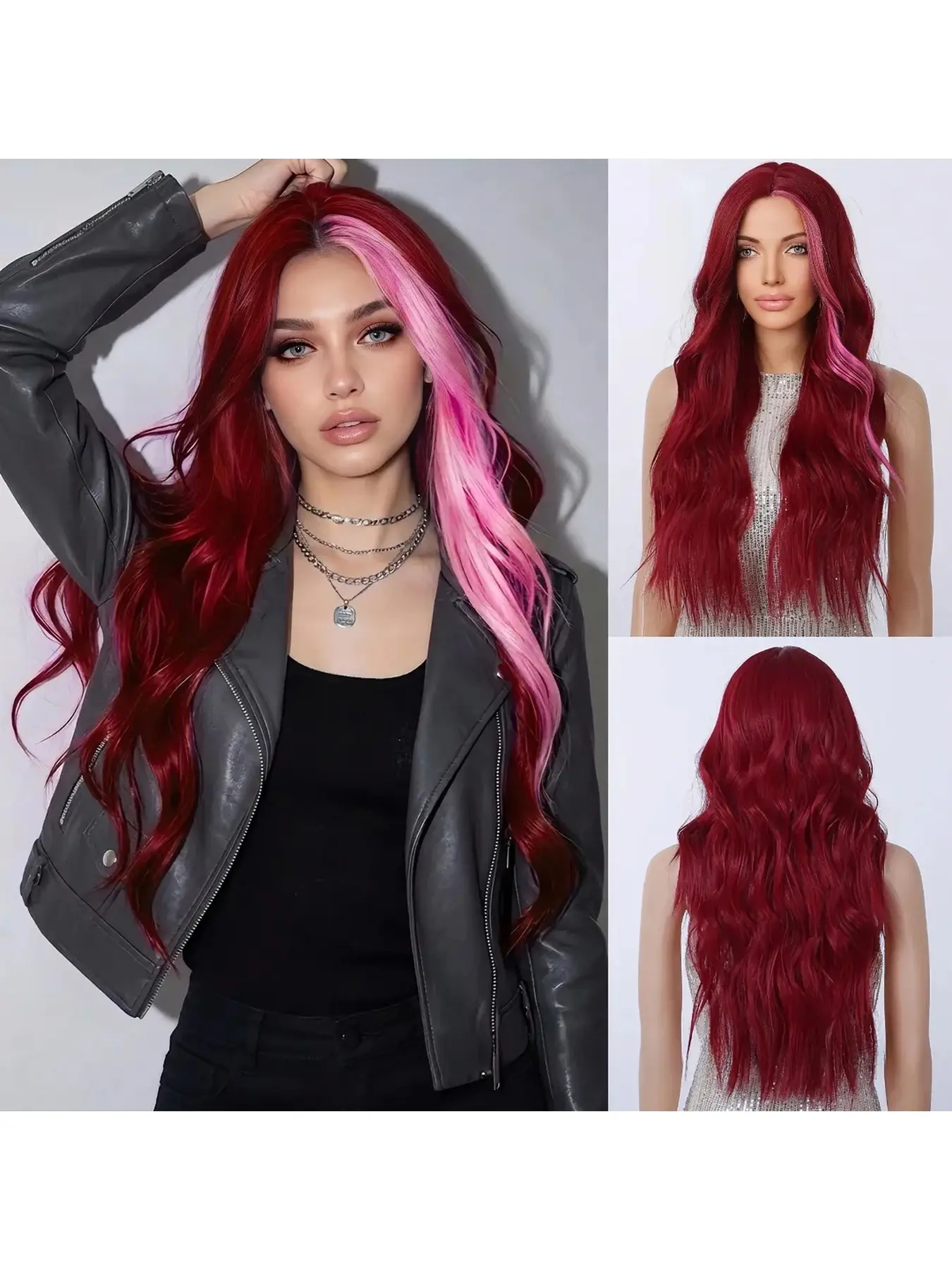 Women Full Lace Wig, European Style Pink Highlight Middle Part Long Curly Wig, Breathable Inner Net, Stylable Fashion Hair Wig