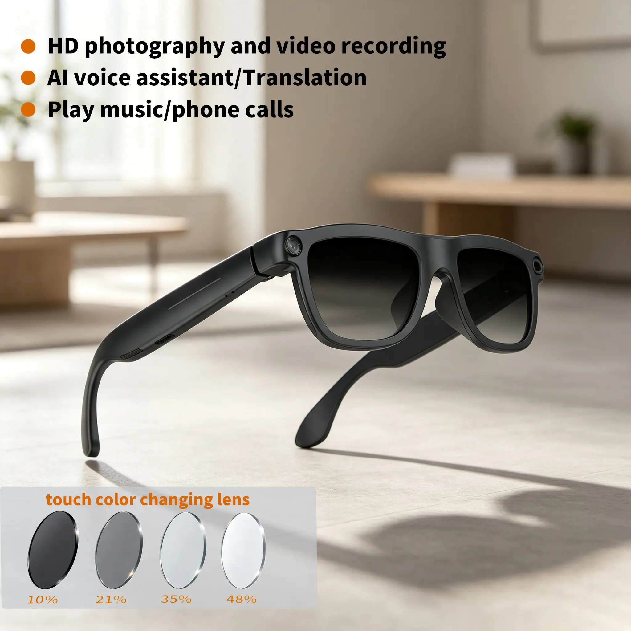 Ai Smart Glasses E09, 800w Camera, Eis Stabilization, Touch Control, Lightweight Frame, Waterproof Sunglasses, WiFi, Ai Assistant, Unisex