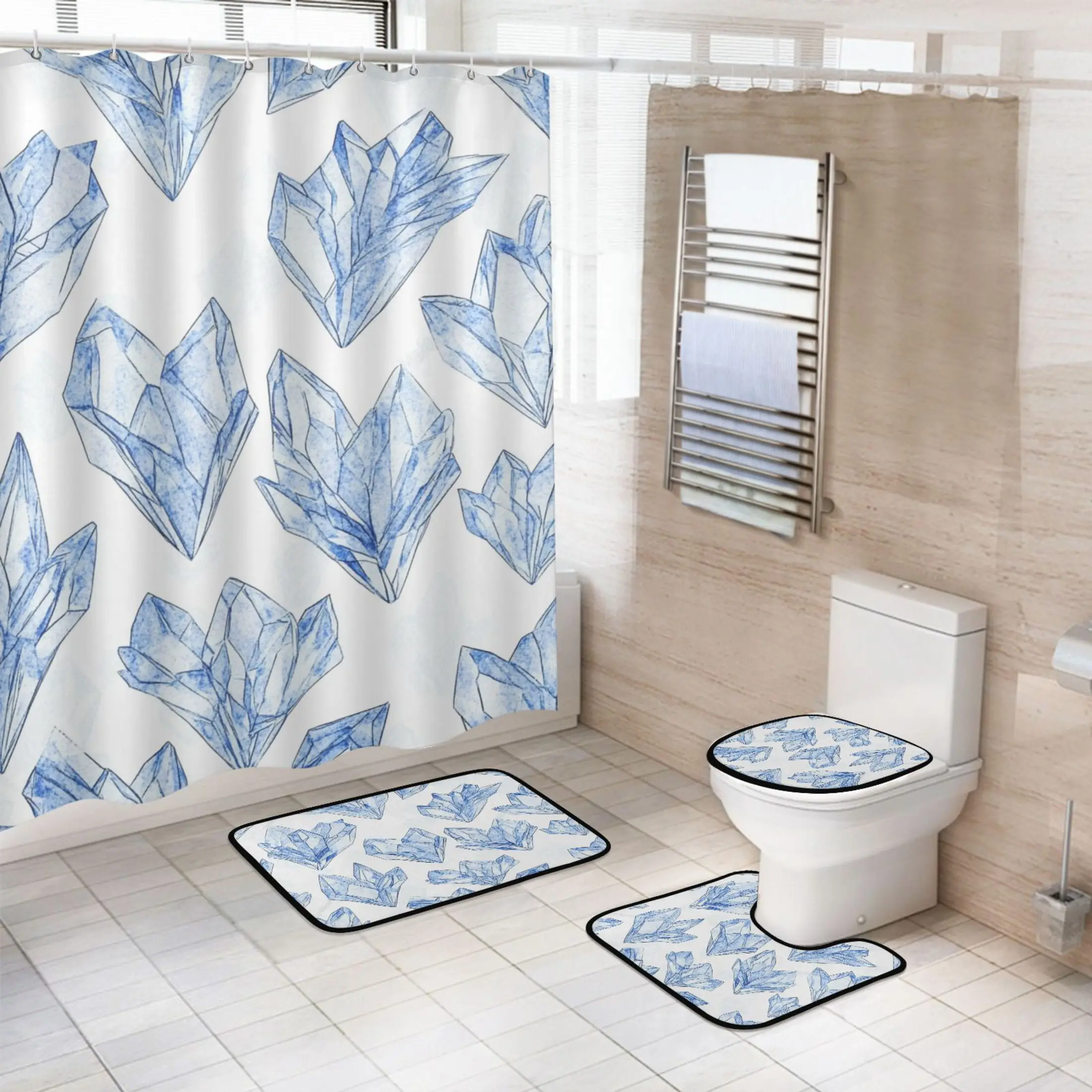 Bathroom 4-Piece Set (Blue Crystals) - 1pc Waterproof Fade-Resistant Shower Curtain, Non-Slip Bath Mat, U-Shaped Mat, Toilet Lid Cover, 1Pc Shower Curtain