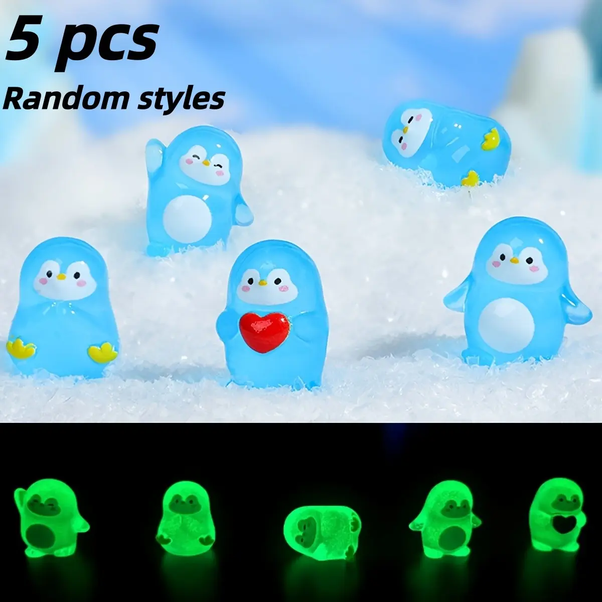 5pcs Mini Blue Penguin Statues, Night Glow Resin Decorations, Ideal for Garden, Aquarium, Office Desk, DIY Crafts, Small Gifts