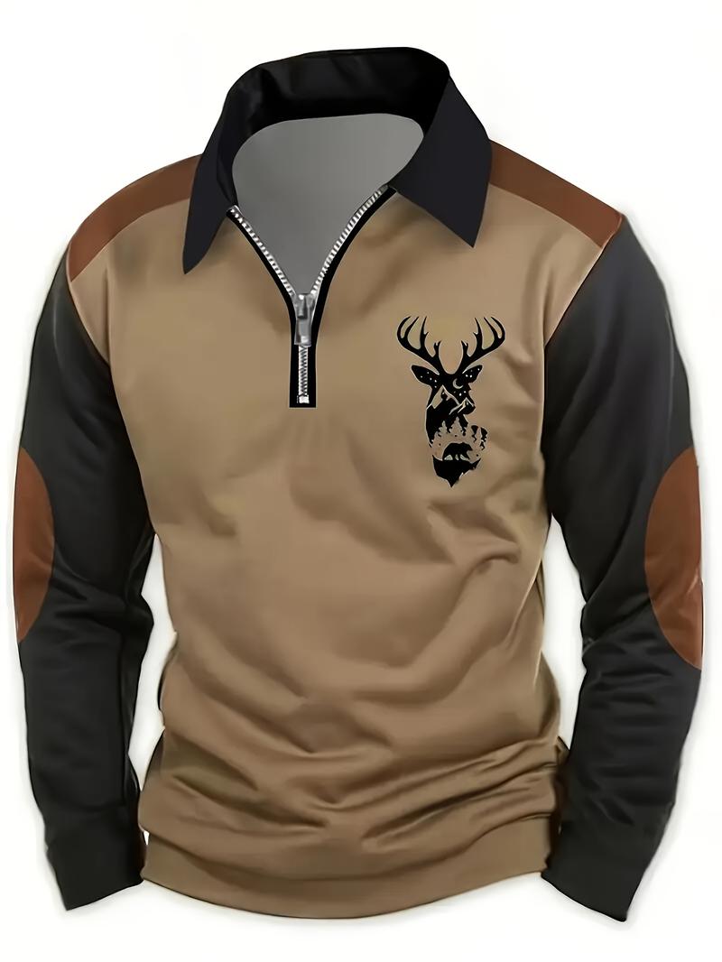Men's casual deer head print double contrasting color long sleeved zipper polo shirt with half zipper collar outdoor shirt, machine washable dual color polyester fiber, very suitable for leisure activities in spring, autumn and winter festivals, gifts for