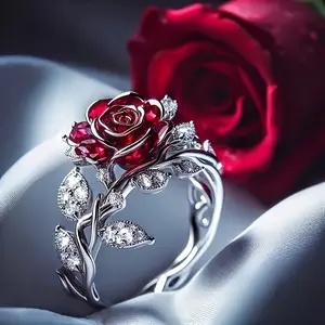 Women's Sparkly Embellished Vintage Red Rose Motif Halo Ring - Cubic Zirconia, Rhinestones, Elegant Female Costume Jewelry Gift for Valentine's Day, Anniversary