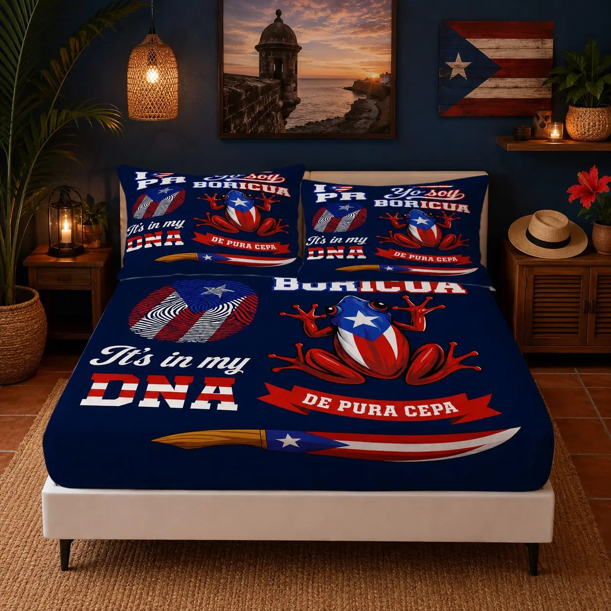 3pcs Puerto Rico Boricua Coqui Frog Flag Fitted Sheet Bedding Set, 1 Bed Sheet + 2 Pillow Covers Without Any Inserts, Single Side Digital Print Elastic Bed Cover, Puerto Rican Themed Decor Gift for Latino Bedroom Dorm Home Decoration