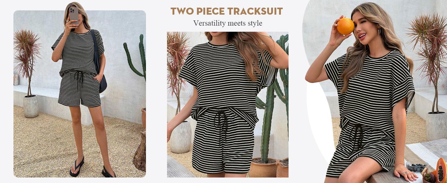 Aoysky Womens Striped 2 Piece Lounge Sets Short Sleeve Oversized T Shirts Drawstring Shorts Matching Set Aoysky Womens Striped 2 Piece Lounge Sets Short Sleeve Oversized T Shirts Drawstring Shorts Matching Set