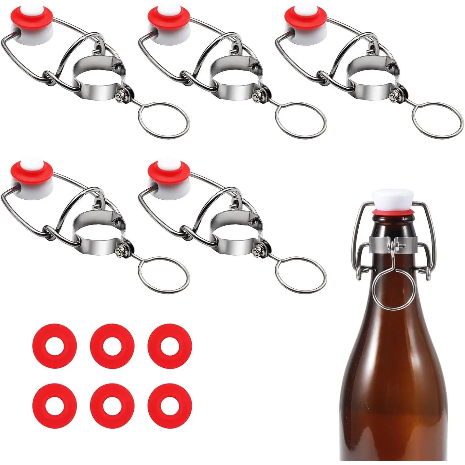 6 count Swing Top Glass Bottle Caps Flip Top Bottle Cap  Bottle Airtight  with 6 count   Gaskets, 18mm Leakproof Easy Swing Top Stopper Fits 8/17.5/26/35oz  Bottle