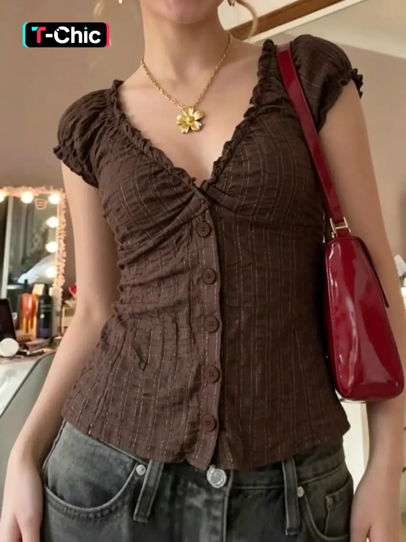 French Elegant Striped Blouse, V Neck Button Front, Slim Fit Short Sleeve, Casual Summer Top for Women, Retro Style, Button Up Blouses, Button Closure Top