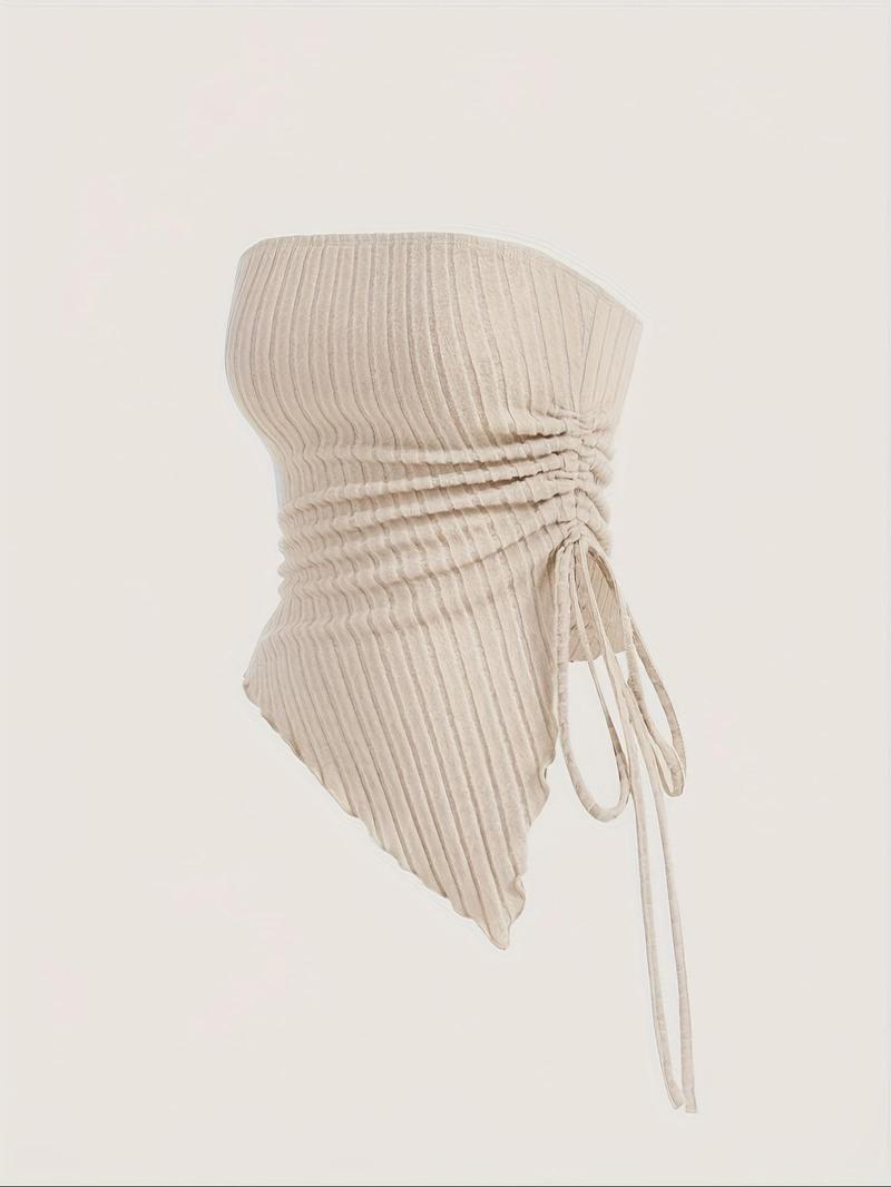 Women's Solid Ruched Backless Crop Tube Top, Casual Drawstring Asymmetrical Hem Sleeveless Top for Summer, Minimalist Women's Clothing for Daily Wear, Casual Fitted Sleeveless