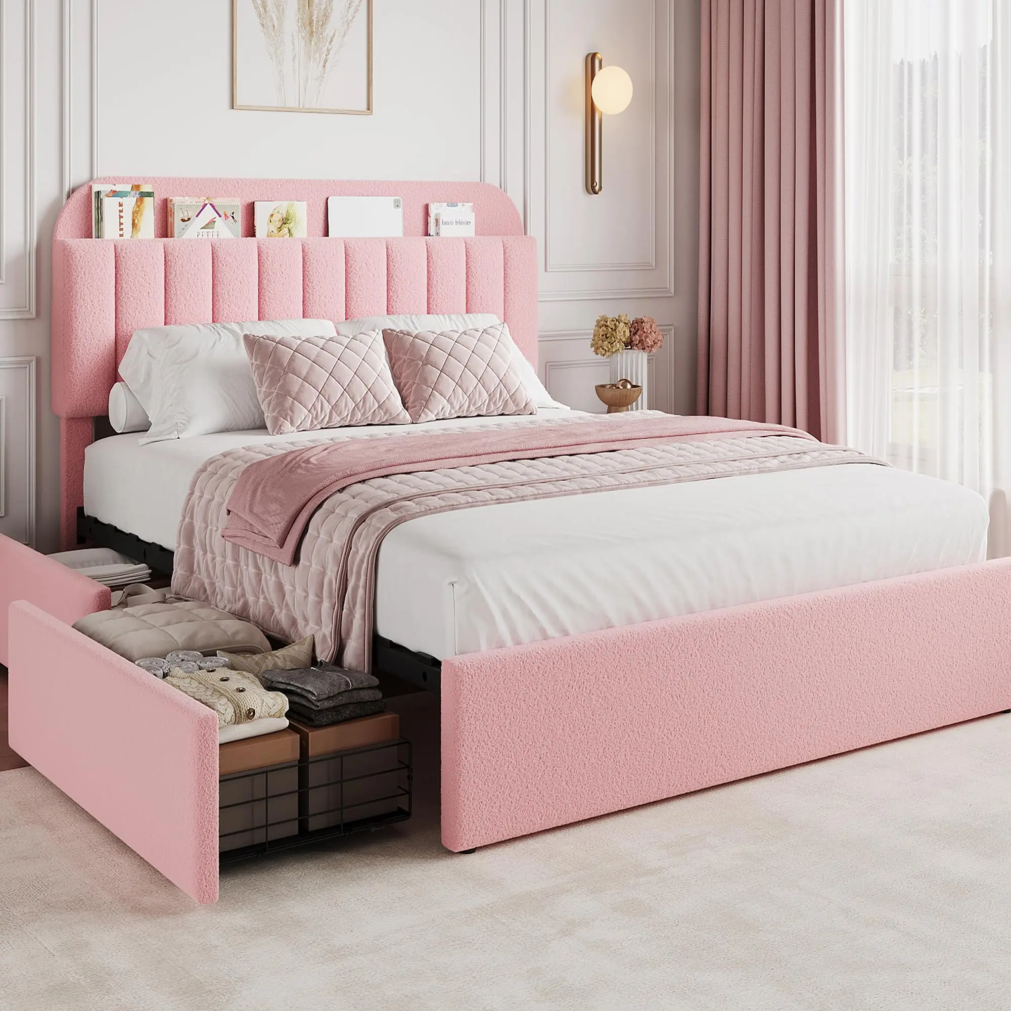 GARVEEQueen Bed Frame with Storage Headboard, Upholstered Platform Bed with 2 Drawers and Bookcase, No Box Spring Needed, Easy Assembly, Pink Boucle Finish